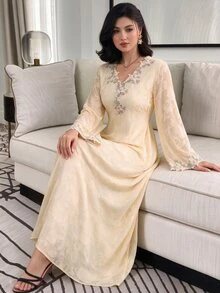 Al Najma V-Neck Embroidered Floral Trim Pink Long Sleeve Elegant Floral Dress For Women - Apricot - View 3