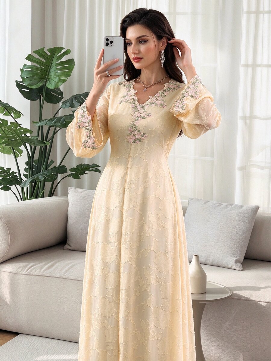 Al Najma V-Neck Embroidered Floral Trim Pink Long Sleeve Elegant Floral Dress For Women - Apricot - View 1