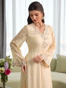 Al Najma V-Neck Embroidered Floral Trim Pink Long Sleeve Elegant Floral Dress For Women - Apricot - View 2