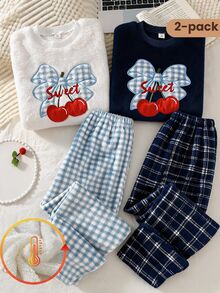 SHEIN Genkimix Kids 女童睡衣套裝 大童女孩秋冬日常休閒優雅家居服 長袖長褲 蝴蝶結櫻桃刺繡圖案與滿版小愛心圖案 刷毛套裝 - 彩色 - 查看 9