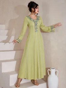 Al Najma Embroidered Lace Trim Splice Elegant Elegant Fashion Long Sleeve Modest Dress - Green - View 6