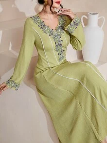 Al Najma Embroidered Lace Trim Splice Elegant Elegant Fashion Long Sleeve Modest Dress - Green - View 2