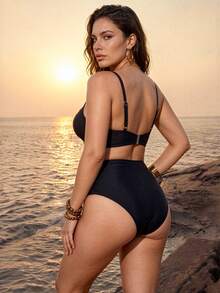SHEIN Swim 大尺碼女款兩件式細肩帶印花聚攏胸部時尚極簡分體泳衣度假套裝 - 黑色 - 查看 3