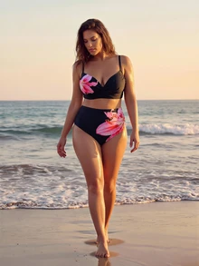 SHEIN Swim 大尺碼女款兩件式細肩帶印花聚攏胸部時尚極簡分體泳衣度假套裝 - 黑色 - 查看 5