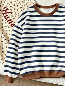 Girls' Striped Crew Neck Pullover Sweatshirt, Blue And White Classic Collegiate Style Casual Top, Soft And Loose Fit For Daily Wear, Cute Autumn/Winter Clothing - Multicolor - View 7