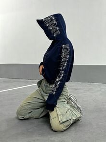 StreetHx 女款哥德風 Y2K 街頭風文字水鑽短版拉鍊連帽衛衣，秋季/日常外出海軍藍 - 藏蓝色 - 查看 6
