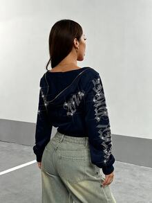 StreetHx 女款哥德風 Y2K 街頭風文字水鑽短版拉鍊連帽衛衣，秋季/日常外出海軍藍 - 藏蓝色 - 查看 2