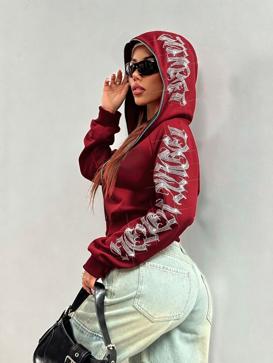 StreetHx Women's Gothic Y2k Streetwear Text Rhinestone Short Zip-Up Sweatshirt, Autumn/Winter Going Out Night Out Everyday Nightout Red Leopard Print - Red - View 1