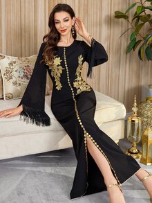 Al Najma Long Sleeve Arabic Style Dress With Applique & Tassel Cuff Details - Black - View 3