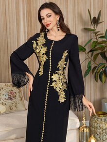 Al Najma Long Sleeve Arabic Style Dress With Applique & Tassel Cuff Details - Black - View 7