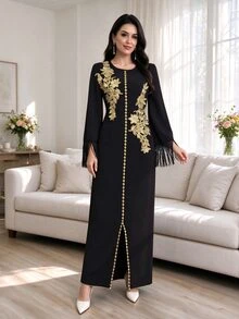 Al Najma Long Sleeve Arabic Style Dress With Applique & Tassel Cuff Details - Black - View 1