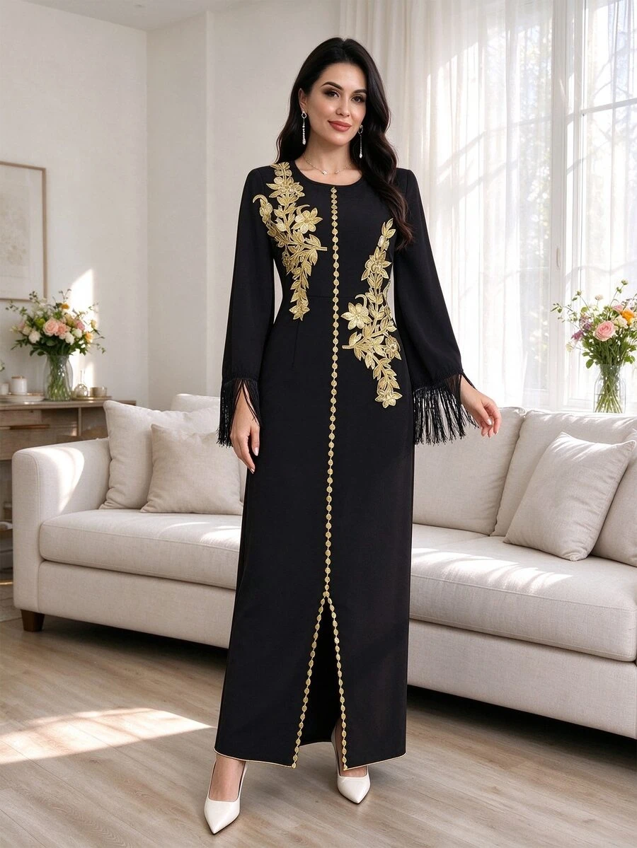 Al Najma Long Sleeve Arabic Style Dress With Applique & Tassel Cuff Details - Black - View 1