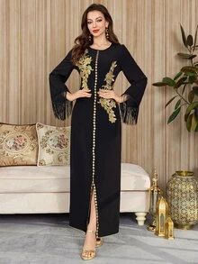 Al Najma Long Sleeve Arabic Style Dress With Applique & Tassel Cuff Details - Black - View 2