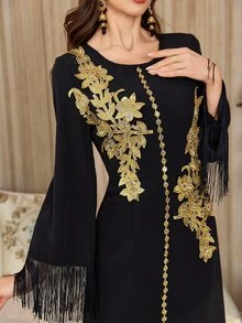 Al Najma Long Sleeve Arabic Style Dress With Applique & Tassel Cuff Details - Black - View 8