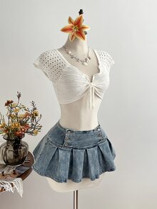 Elamini 女士纯色镂空胸前扭结设计短款时尚百搭针织短袖上衣 - 白色 - 查看 6