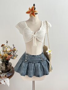 Elamini 女士纯色镂空胸前扭结设计短款时尚百搭针织短袖上衣 - 白色 - 查看 5