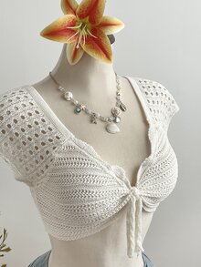 Elamini 女士纯色镂空胸前扭结设计短款时尚百搭针织短袖上衣 - 白色 - 查看 3