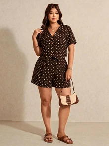 Melodosi Plus Size Polka Dot Print Shirt & Shorts 2 Pieces Set - Brown - View 5