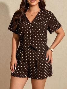 Melodosi Plus Size Polka Dot Print Shirt & Shorts 2 Pieces Set - Brown - View 6
