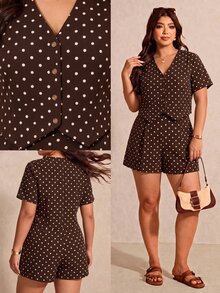 Melodosi Plus Size Polka Dot Print Shirt & Shorts 2 Pieces Set - Brown - View 1