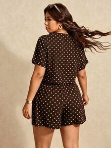 Melodosi Plus Size Polka Dot Print Shirt & Shorts 2 Pieces Set - Brown - View 2