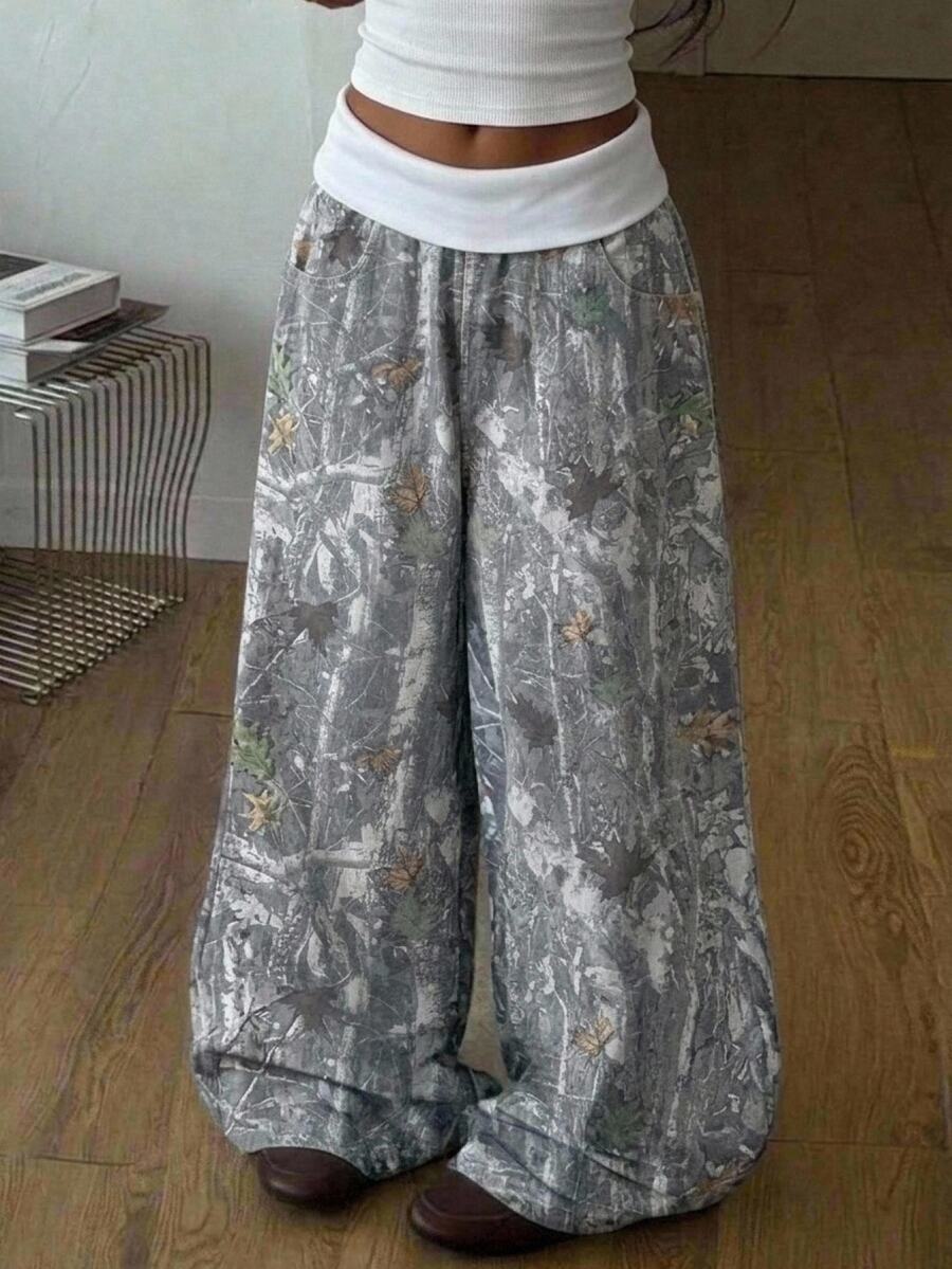 SHEIN 青少年女孩腰部拼接乾枯樹枝圖案運動長褲 - 灰色 - 查看 1