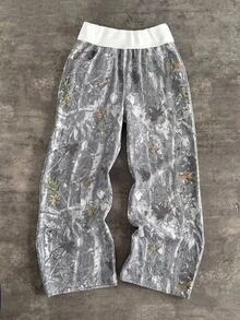 SHEIN 青少年女孩腰部拼接乾枯樹枝圖案運動長褲 - 灰色 - 查看 2