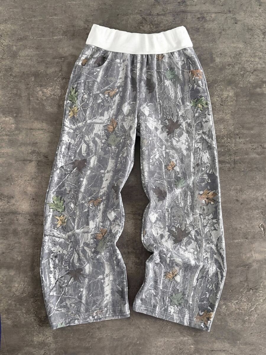 SHEIN Tween Girl Waist Patchwork Kids Dry Tree Branch Pattern Sweatpants - Grey - View 1