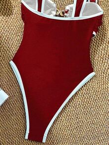 SHEIN Swim 女款度假派對海灘白色紅配色尼龍面料連身泳衣，夏季熱帶性感風格 - 紅色 - 查看 6