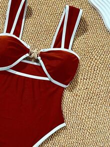 SHEIN Swim 女款度假派對海灘白色紅配色尼龍面料連身泳衣，夏季熱帶性感風格 - 紅色 - 查看 4