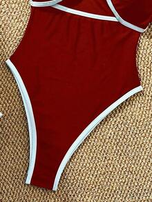 SHEIN Swim 女款度假派對海灘白色紅配色尼龍面料連身泳衣，夏季熱帶性感風格 - 紅色 - 查看 5