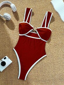 SHEIN Swim 女款度假派對海灘白色紅配色尼龍面料連身泳衣，夏季熱帶性感風格 - 紅色 - 查看 7