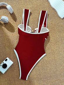 SHEIN Swim 女款度假派對海灘白色紅配色尼龍面料連身泳衣，夏季熱帶性感風格 - 紅色 - 查看 2