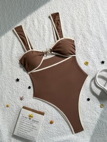 SHEIN Swim 女款巧克力棕色尼龍布料連身泳衣，適合度假海灘派對、夏季海邊度假，性感熱帶風泳裝 - 咖啡棕 - 查看 2