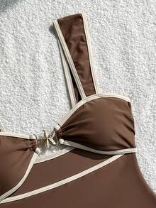 SHEIN Swim 女款巧克力棕色尼龍布料連身泳衣，適合度假海灘派對、夏季海邊度假，性感熱帶風泳裝 - 咖啡棕 - 查看 5