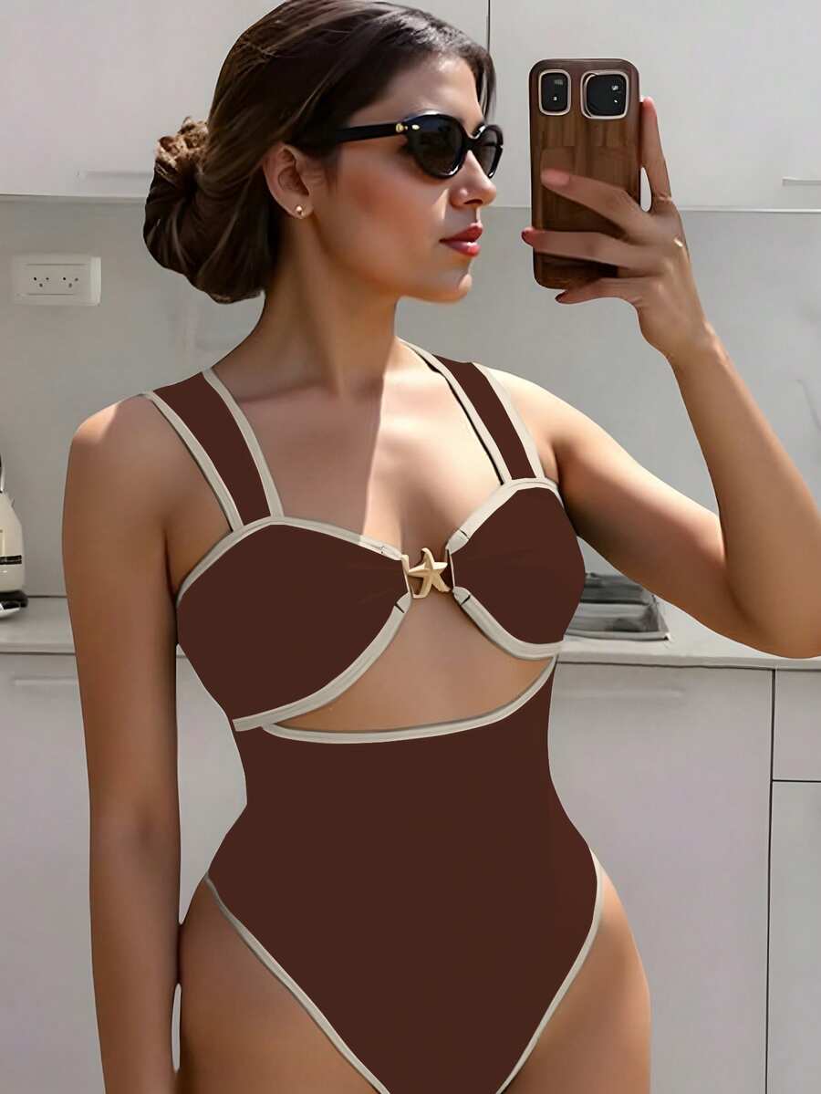 SHEIN Swim 女款巧克力棕色尼龍布料連身泳衣,適合度假海灘派對、夏季海邊度假,性感熱帶風泳裝 - 咖啡棕 - 查看 1