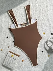 SHEIN Swim 女款巧克力棕色尼龍布料連身泳衣，適合度假海灘派對、夏季海邊度假，性感熱帶風泳裝 - 咖啡棕 - 查看 3