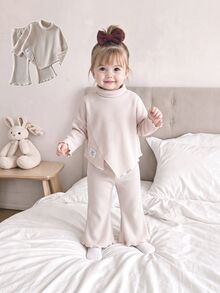 SHEIN 2件組幼女上衣+喇叭褲，優雅粉色華夫針織不對稱荷葉邊長袖小高領，生日派對秋季假期穿搭 - 杏色 - 查看 8