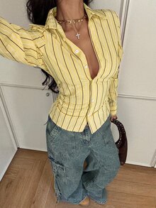 StreetHx Women's Casual Everyday/Office/Travel Contrast Stripe Print Long Sleeve Fitted Blouse, Spring/Autumn - Yellow - View 6