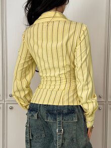 StreetHx Women's Casual Everyday/Office/Travel Contrast Stripe Print Long Sleeve Fitted Blouse, Spring/Autumn - Yellow - View 2