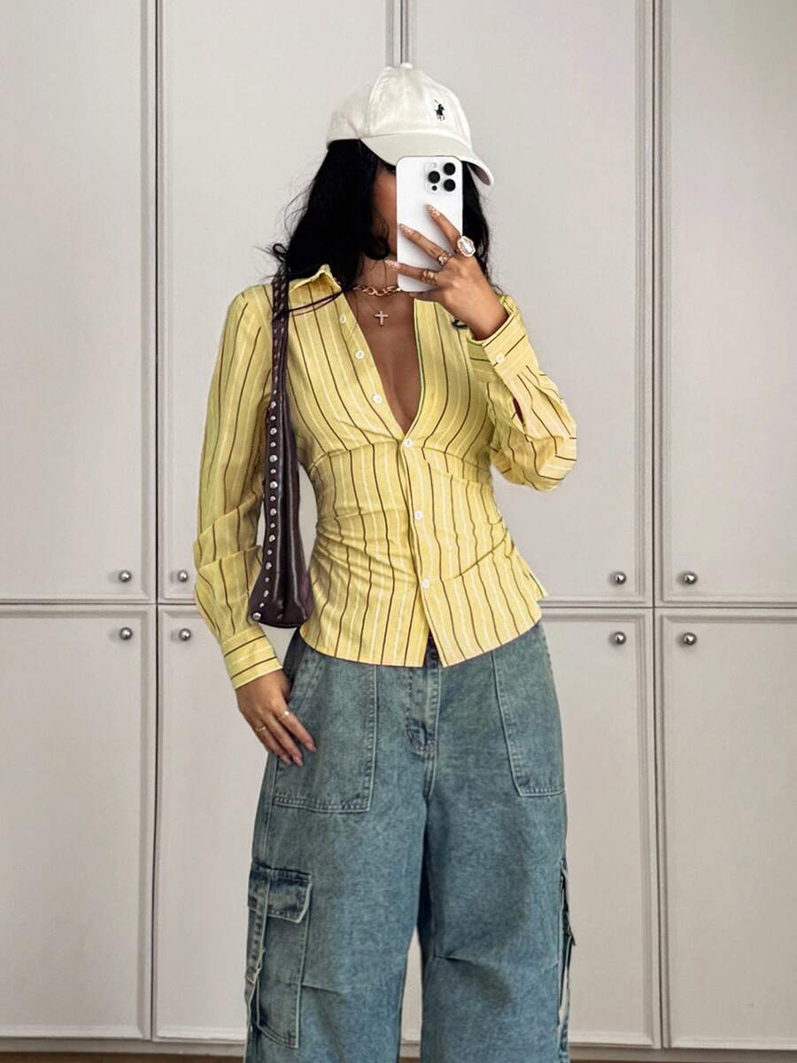 StreetHx Women's Casual Everyday/Office/Travel Contrast Stripe Print Long Sleeve Fitted Blouse, Spring/Autumn - Yellow - View 1