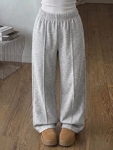 SHEIN Genkimix Kids 女童簡約百搭長褲 日常穿著 白色 冬季 - 灰色 - 查看 4