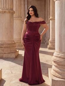 Coutiva Plus Size Women's Solid Color One-Shoulder Pleated Design Mermaid Hem Elegant Classy Formal Prom Dinner Evening Gown (Heavy Workmanship) Burgundy Fall - Burgundy - View 6