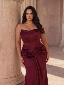 Coutiva Plus Size Women's Solid Color One-Shoulder Pleated Design Mermaid Hem Elegant Classy Formal Prom Dinner Evening Gown (Heavy Workmanship) Burgundy Fall - Burgundy - View 8