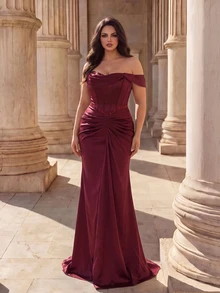 Coutiva Plus Size Women's Solid Color One-Shoulder Pleated Design Mermaid Hem Elegant Classy Formal Prom Dinner Evening Gown (Heavy Workmanship) Burgundy Fall - Burgundy - View 5