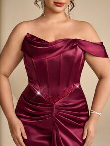Coutiva Plus Size Women's Solid Color One-Shoulder Pleated Design Mermaid Hem Elegant Classy Formal Prom Dinner Evening Gown (Heavy Workmanship) Burgundy Fall - Burgundy - View 7