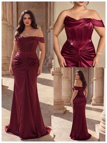 Coutiva Plus Size Women's Solid Color One-Shoulder Pleated Design Mermaid Hem Elegant Classy Formal Prom Dinner Evening Gown (Heavy Workmanship) Burgundy Fall - Burgundy - View 1
