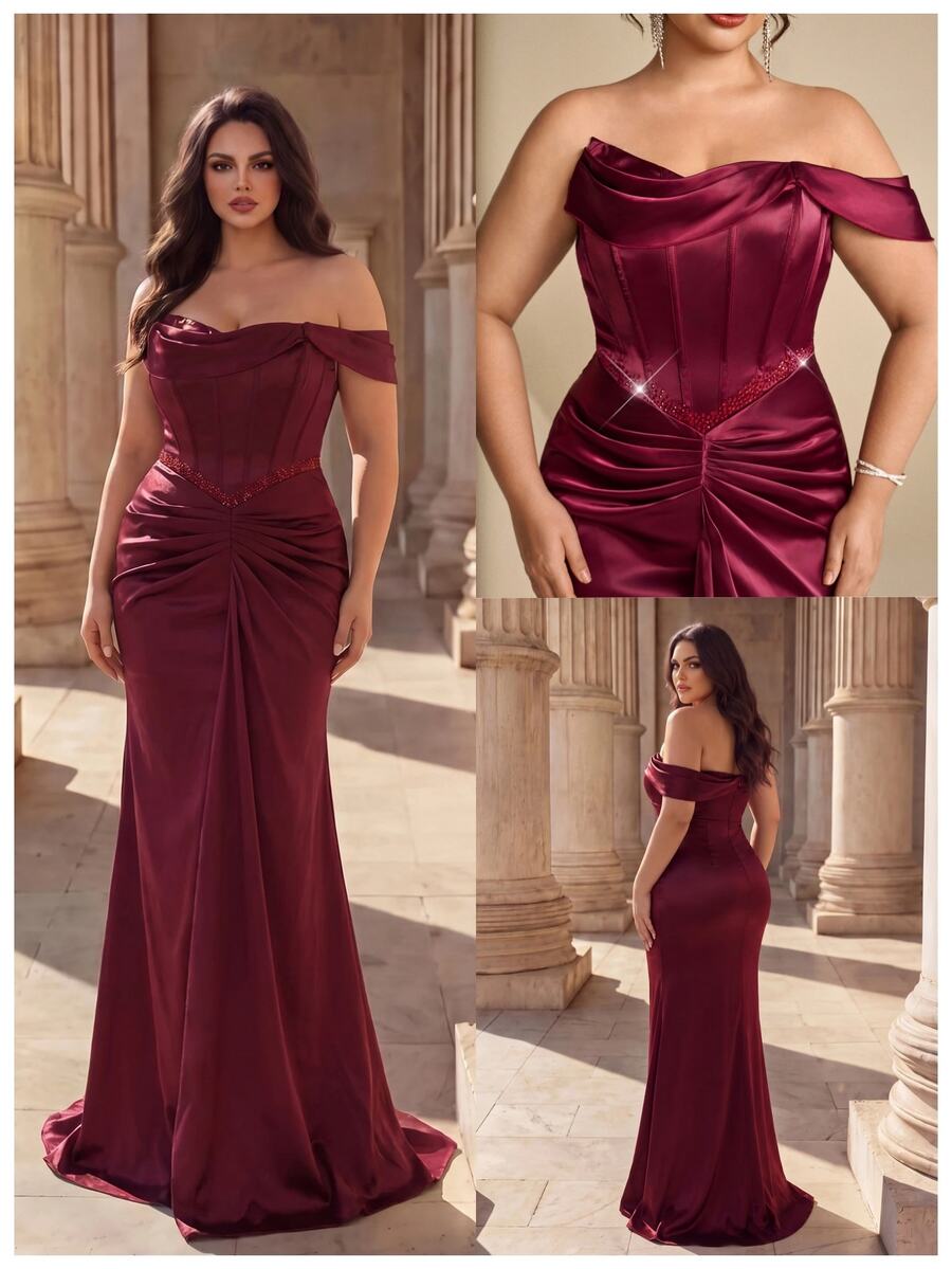 Coutiva Plus Size Women's Solid Color One-Shoulder Pleated Design Mermaid Hem Elegant Classy Formal Prom Dinner Evening Gown (Heavy Workmanship) Burgundy Fall - Burgundy - View 1