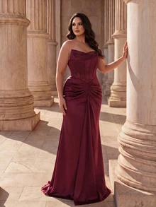Coutiva Plus Size Women's Solid Color One-Shoulder Pleated Design Mermaid Hem Elegant Classy Formal Prom Dinner Evening Gown (Heavy Workmanship) Burgundy Fall - Burgundy - View 3