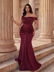 Coutiva Plus Size Women's Solid Color One-Shoulder Pleated Design Mermaid Hem Elegant Classy Formal Prom Dinner Evening Gown (Heavy Workmanship) Burgundy Fall - Burgundy - View 4